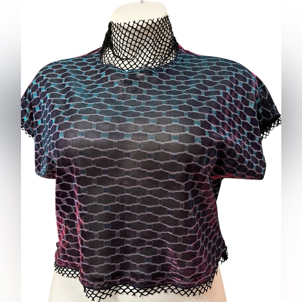 Devil Fashion Black Iridescent Mesh Women Crop Top Removable Leash/Collar NWT - Picture 3 of 5